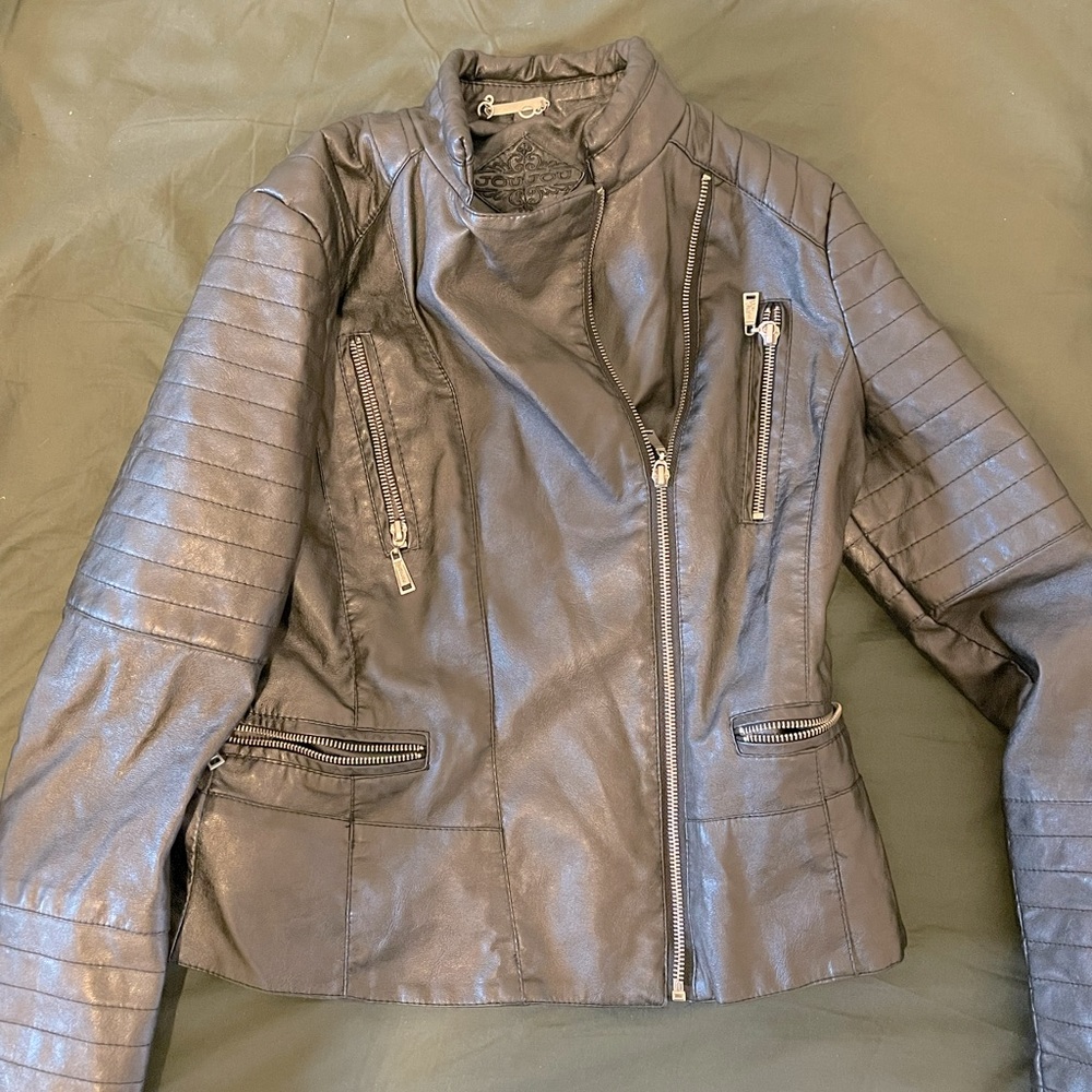 Vegan leather asymmetric zip jacket